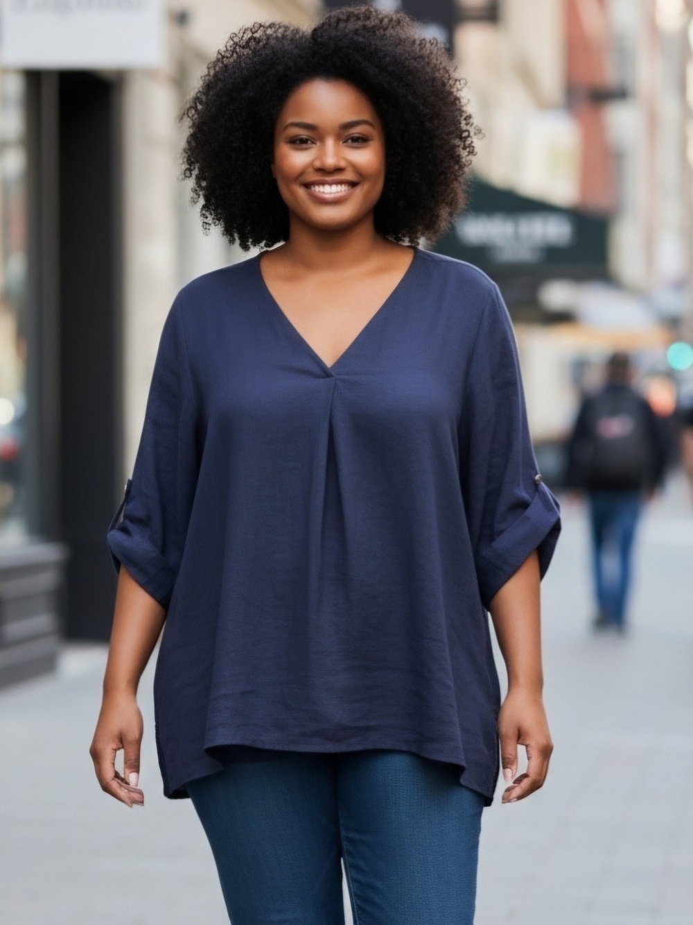 ANDREE BY UNIT Navy Split  V-Neck Roll-Tab Sleeve Pullover Tunic Size 2X NWT